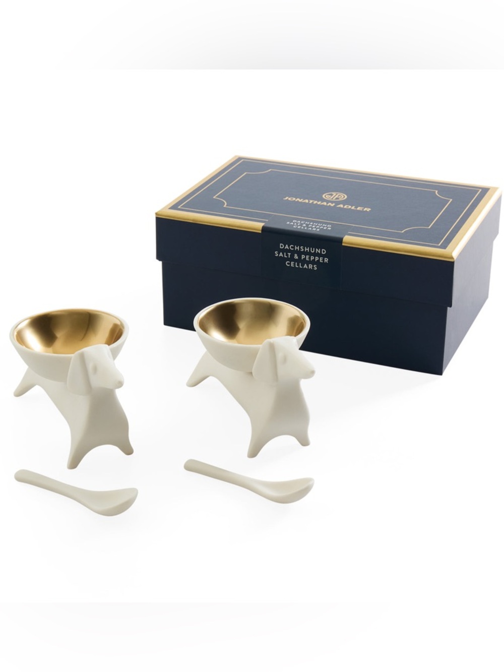 Jonathan Adler Gold & Porcelain Dachshund Salt & Pepper Cellars NIB